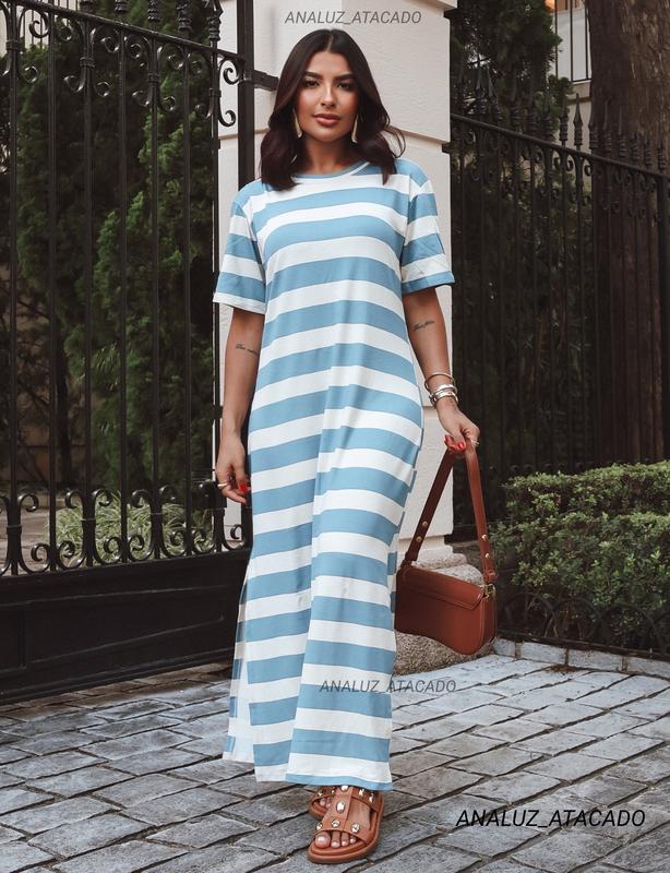 Vestido Longo Listrado Manga Curta Com Fenda Lateral de malha viscolycra