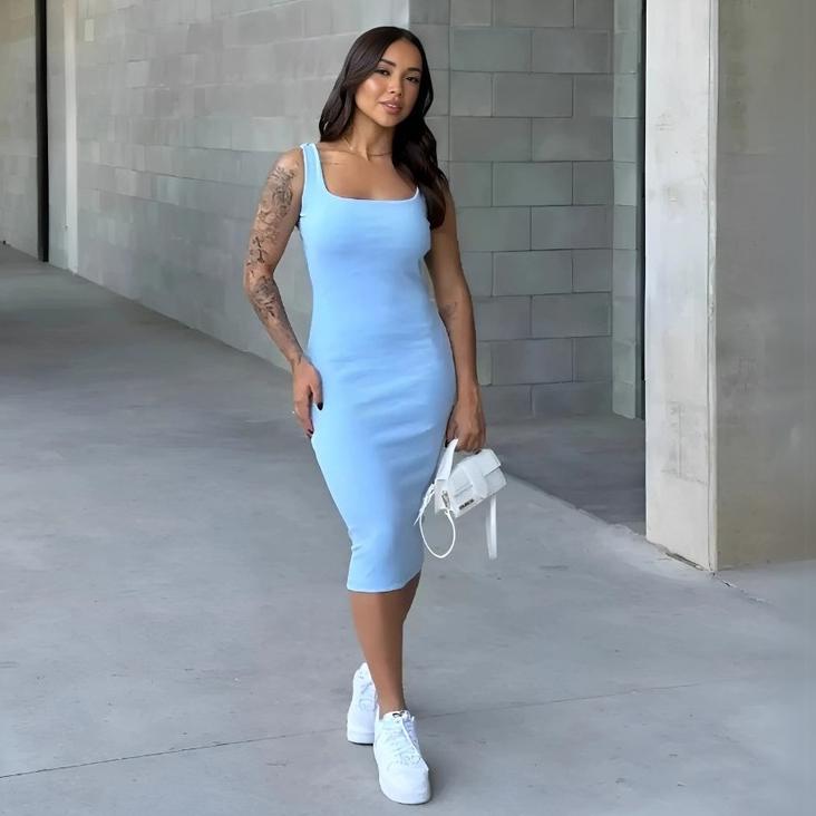 Vestido Midi Costas Nuas Tubinho Canelado Colado Modelador