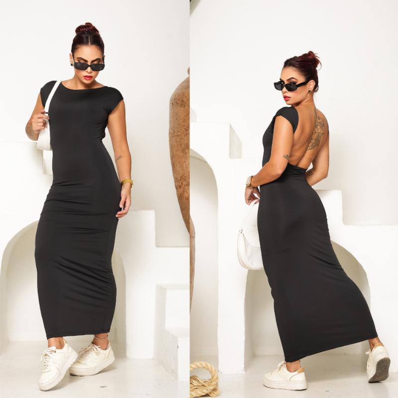 Vestido Feminino Longo Suplex Gringo com Costas Abertas Elegante