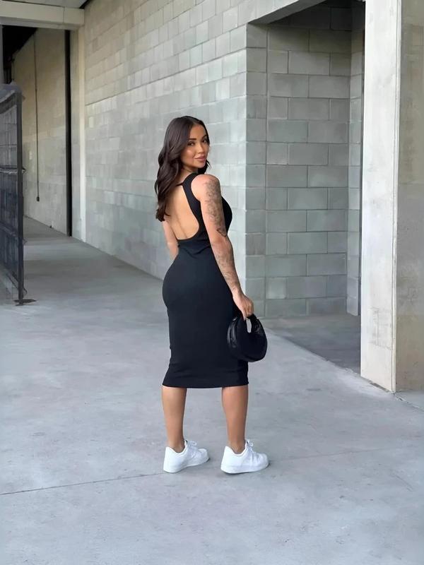 Vestido Midi Costas Nuas Tubinho Canelado Colado Modelador